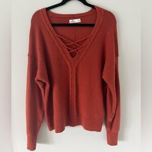 Hollister burgundy/orange oversized knit sweater with lace up